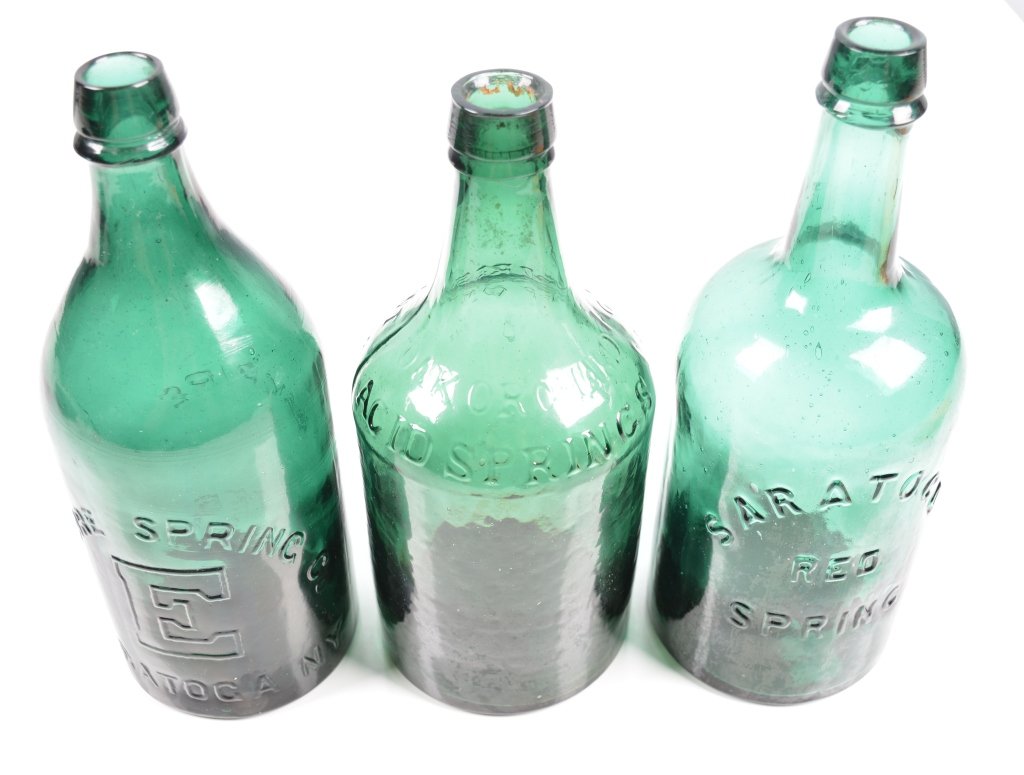 3-Mineral Springs Water Bottles, Ny: 19th century, Oak Orchard, Saratoga Red, and Empire, 9 3/4". - Excellent
