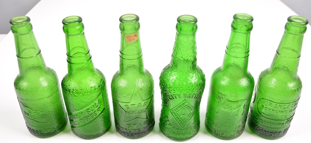 6-Vintage Ginger Beer Bottles: U.S. Original, Butler, PA, Orange Crush, Ashtabula, Ohio, Johnny Bull, Star Brand, Younsgtown, Ohio, Genuine English, Conneaut, Ohio, Salt City, Syracuse, NY, 7 1/2", Excellent
