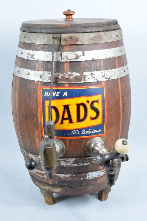 Vintage Dads Root Beer Barrel Soda Fountain: All original beautiful Dads Root Beer Barrel soad fountain. Complete with all inside parts and handles. Still has original wooden top. Original Dads tin sign has great color. 28" Tall. Excellent