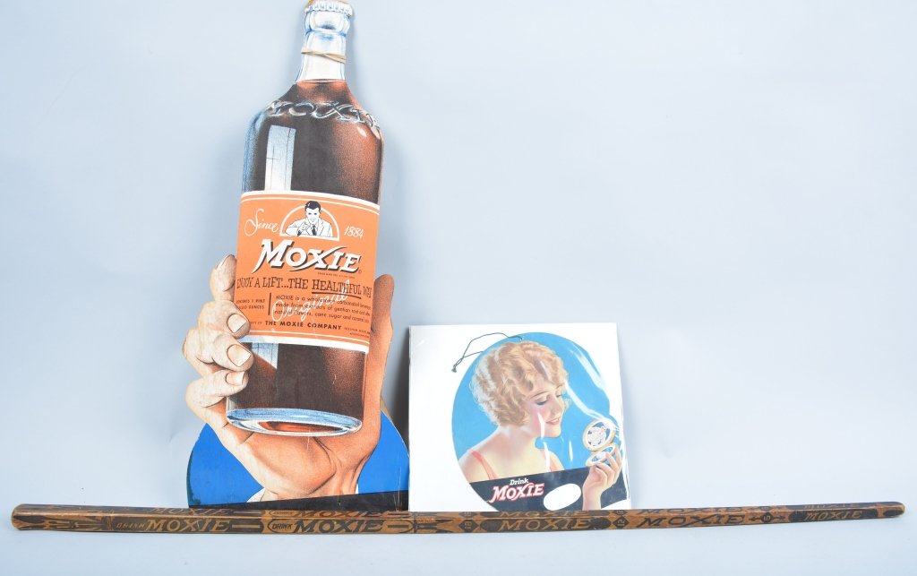 3-Vintage Moxie Soda Advertising: Wooden yard stick, stand up bottle sign, 21", and hang tag,8". -Very Good