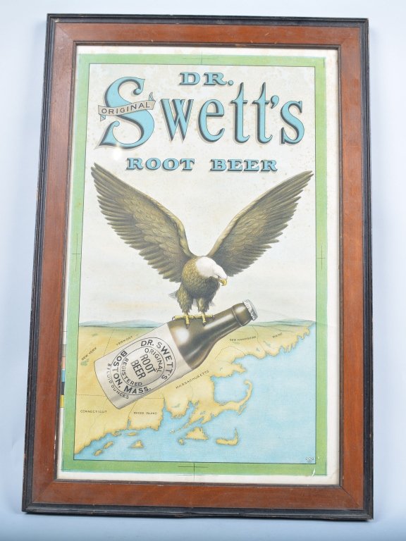 Antique Dr. Swett's Root Beer Sign: Framed paper sign, 24" by 16", Print has some light aging, superb colors and detail. -Very Good-Excellent