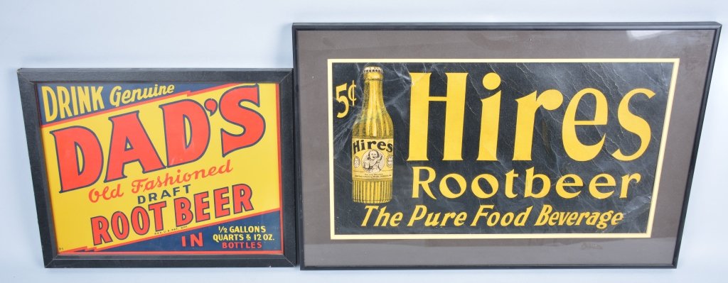 2-Vintage Root Beer Signs: Dad's framed cardboard sign, 15" by 12", Early Hires carboard sign, 23" by 15", hires sign has creases and wear. Both with nice colors and details. -Good-Excellent