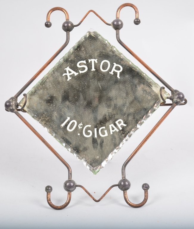 Antique Astor Cigar Counter Mirror: Advertising mirror in brass stand up frame, 10" by 9", Has a couple of edge chips, nicely made, -Very Good