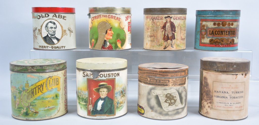 8-Vintage Tobacco Tins: Sam Houston Country Club, Treaty Bond, Old Abe, Quaker Gentleman, O-Nic-O, etc, 6", Age wear, soiling and paper loss, -Good