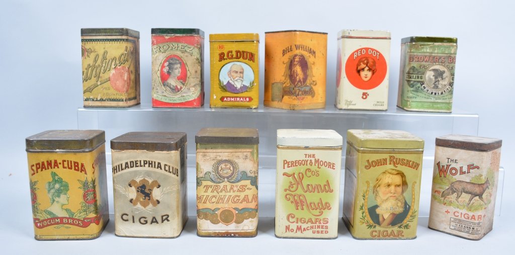 12-Vintage Tobacco Tins: The Wolf, John Ruskin, Grower's Bond, Romez, R.G. Dun, etc, 5", General wear and soiling, -Good-Excellent