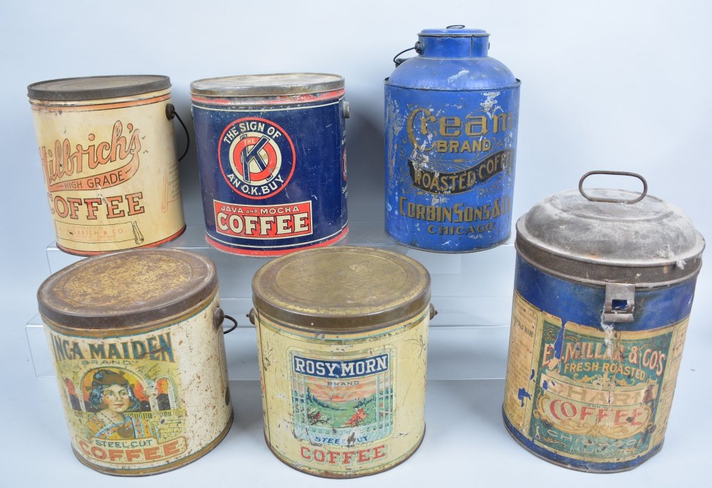 6- Vintage 5-pound Coffee Tins: Includes Inca maiden, Rosy Morn, OK, Cream Brand, EB Millar, and Hillricks. Some wear throughout. Good-Very Good