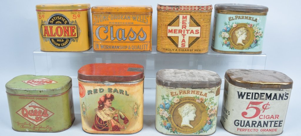 8- Vintage Cigar Tins: Includes Weidmans, El Parmela, Meritas Masters, Alone, El Parmela, Red Earl, Queed, and Class. Beautiful Graphics on tins. Very Good-Excellent