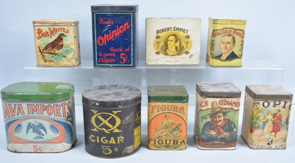 9- Vinatge Tobacco Tins: Includes Jack O'Diamonds, William Rock, Topic, Figura, Robert Emmet, QX,Opinion, and Java Imports. Some great tins with beautiful graphics. Very Good