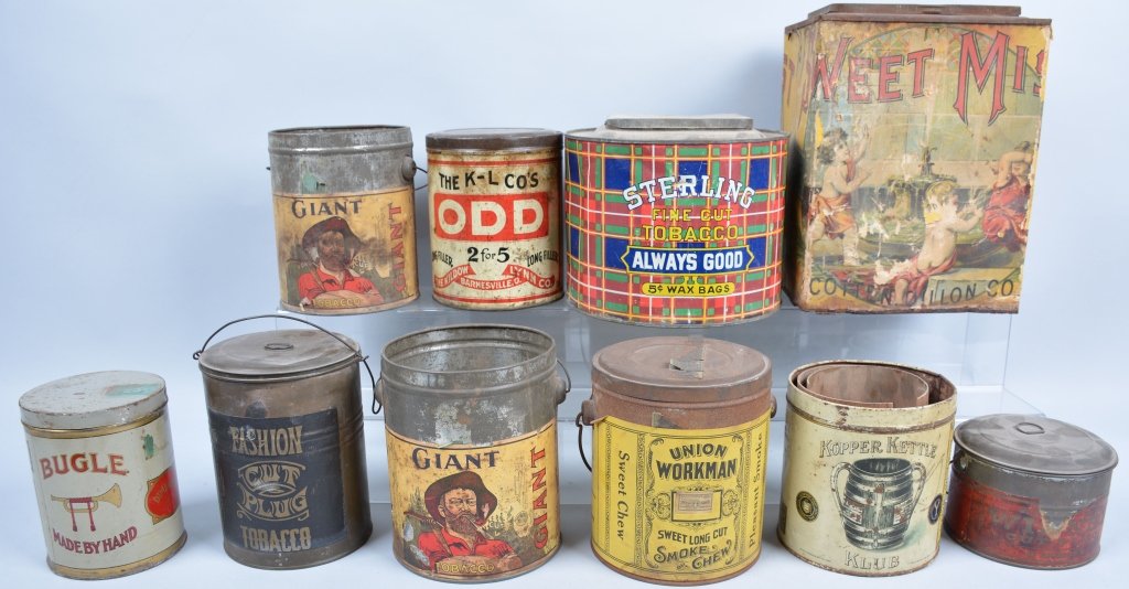 10- Vintage Tobacco Tins: Includes Bugal, Giant, Kopper Kettle, Sweet Mist, Winner, Giant, Fasion, Odd, Union Workman, and Sterling. Some nice and early tins in this lot. Good-Very Good
