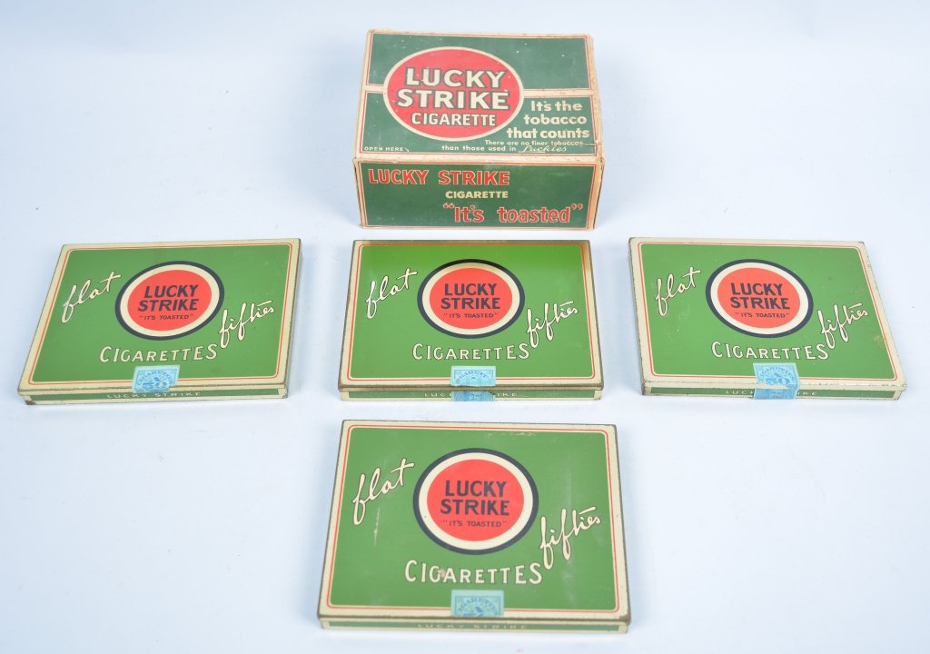 Full Store Box of Lucky Strike Cigarettes: Early box full of 4 Tin Packages of cigarettes. Excellent