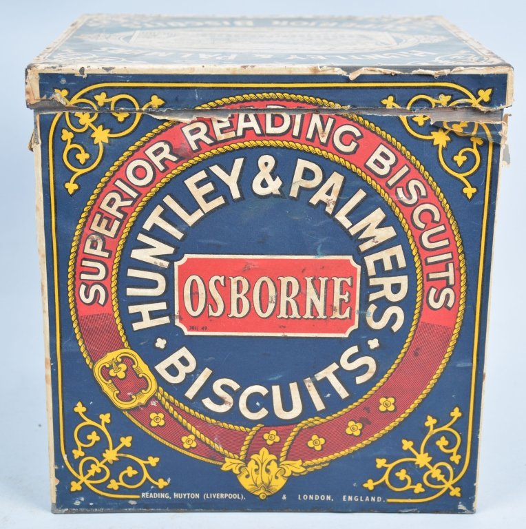 Huntly & Palmers Biscuit Store Display Tin: Very early paper lable tin. Great colors. 9"x9". Excellent