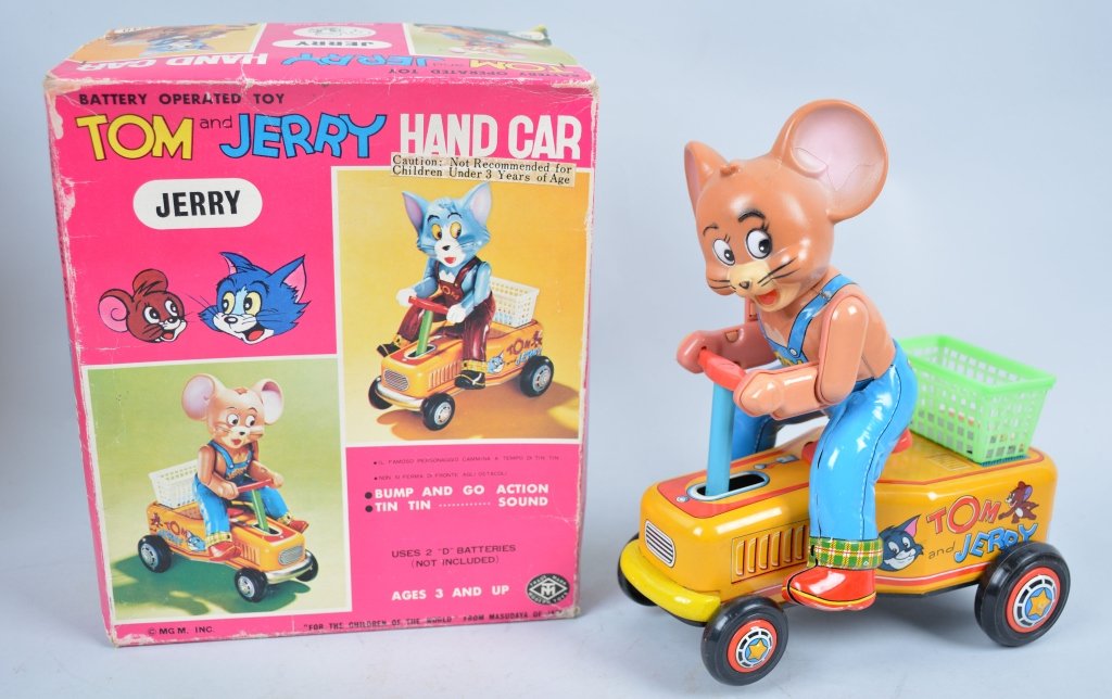 JAPAN Battery Op TOM and JERRY HANDCAR w/Box: All original Jerry version. Very colorful with Box. Near Mint