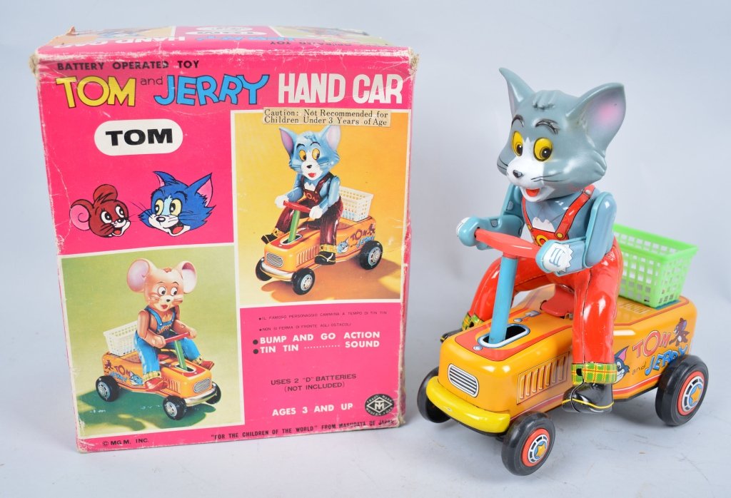 JAPAN Battery Op TOM and JERRY HANDCAR w/Box: All original Tom Version. With Box. Excellent