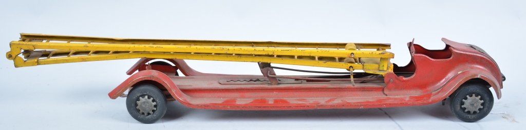 KINGSBURY Windup LADDER FIRE TRUCK: All original 24" Long. Very Good