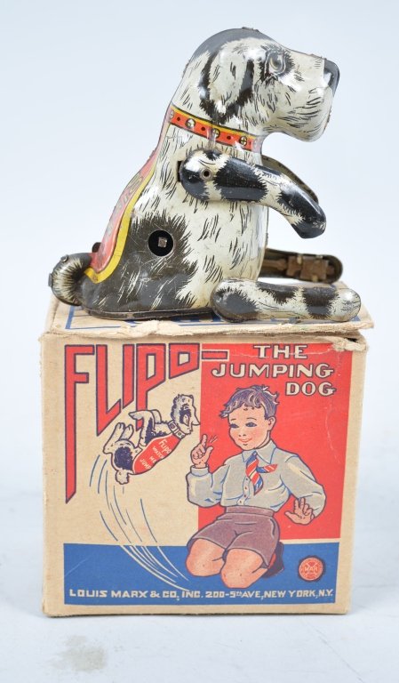 MARX Tin Windup FLIPPO JUMPING DOG w/Box: All original early toy. With Box. Excellent