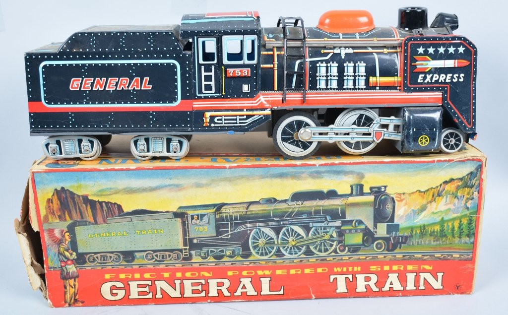 JAPAN Tin Friction GENERAL TRAIN ENGINE and TENDER: All original very impressive toy. With Box. Excellent