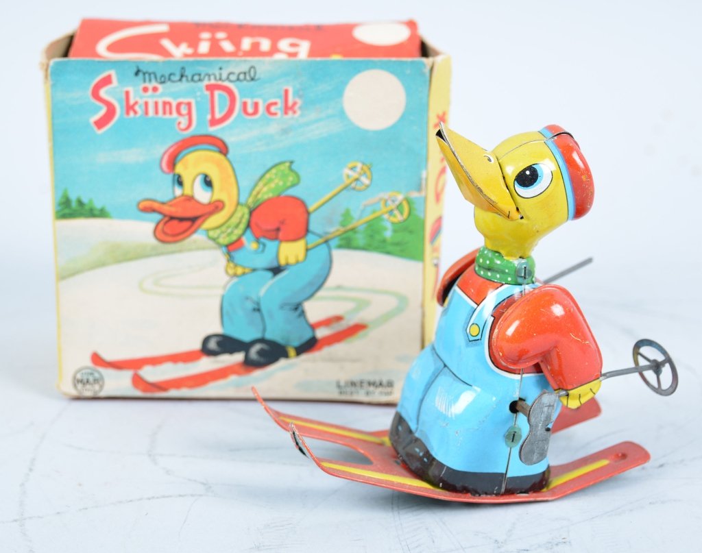 LINEMAR Tin Windup SKIING DUCK w/Box: All original very cute toy. With Box. Excellent