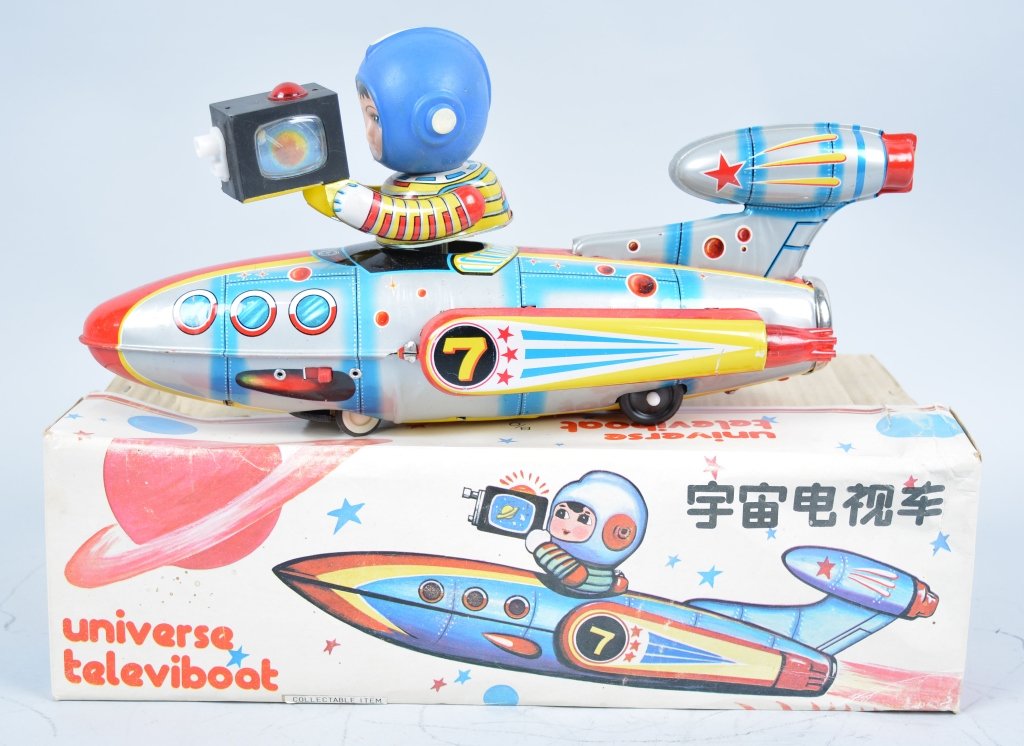 RED CHINA Battery Op UNIVERSAL TELEVIBOAT w/Box: All original great looking space toy. With box. Excellent