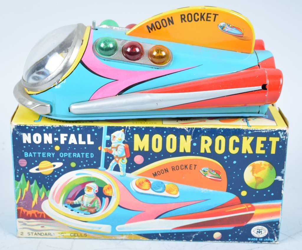 JAPAN Battery Op MOON ROCKET w/Box: All original great colors. Missing astronaut. With Box