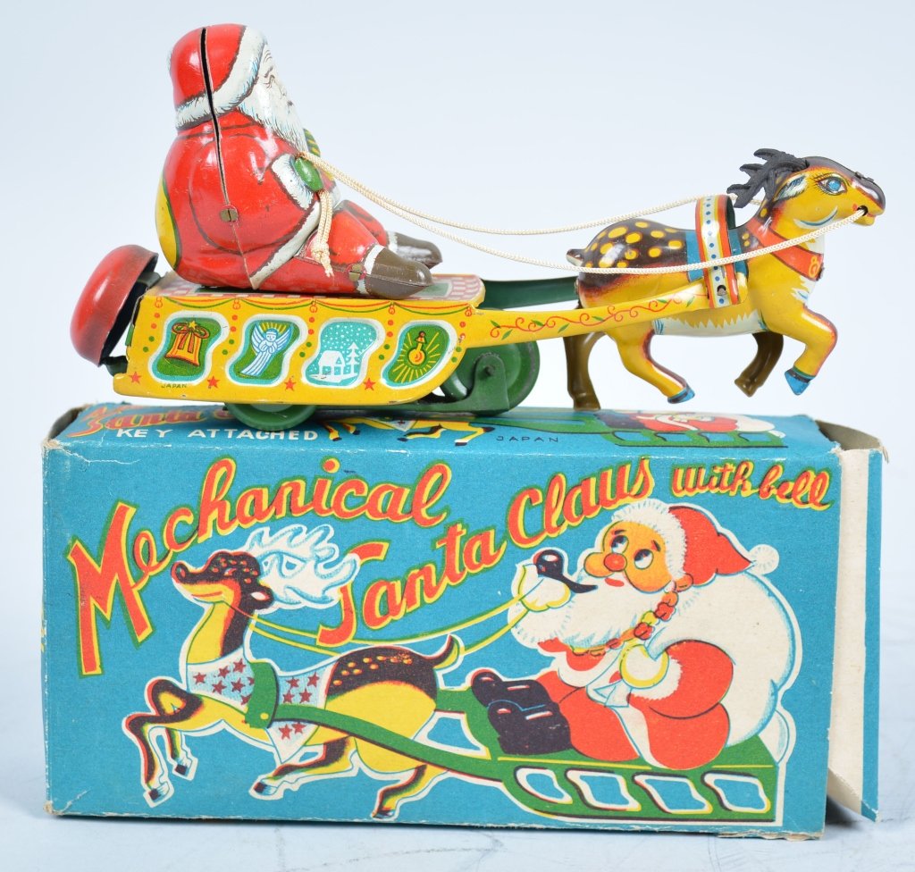 JAPAN Tin Friction SANTA CLAUS with RAINDEER w/Box: All original very cute toy. Missing 1 rubber antler. With Box. Excellent