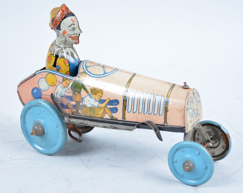 UNIQUE ART Tin Windup CLOWN KRAZY KAR: All original missing arms slight fading. Very Good