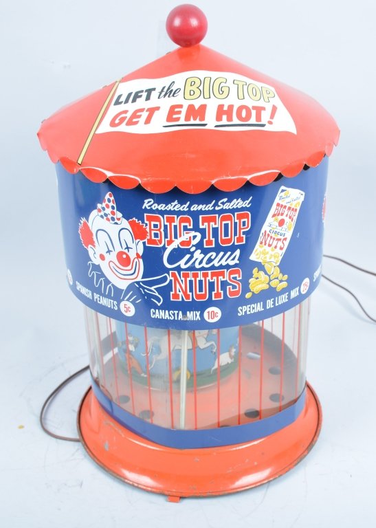 BIG TOP CIRCUS Counter Top ROASTED NUT DISPLAY: All original with excellent graphics. Lighted display with motion. Slight edge wear on bottom. Very Good