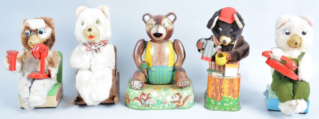 Lot of 5 Battery Op BEARS: Includes Coffee Bear, 2 Telephone Bears, Rocking Bear, and Bubble Bear. Very Good-Excellent