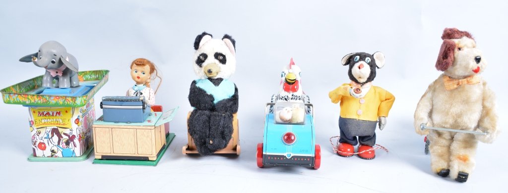 Lot of 6 BATTERY OP TOYS: Includes Papa Bear with Partial Box, Circus Elephant, Susie Typist, and others. Some missing parts. Very Good-Excellent