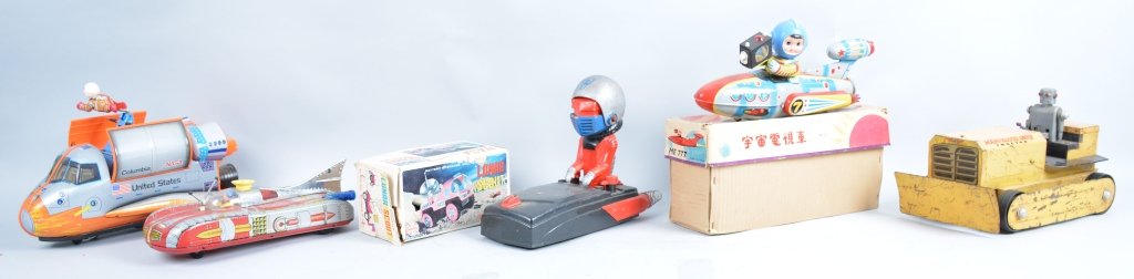 Lot of 6 SPACE TOYS: Includes Columbia Space Shuttle, Marx Lunar Scout with Box, Marvelous Mike Robot Dozer, and others. Some missing parts. Good-Excellent