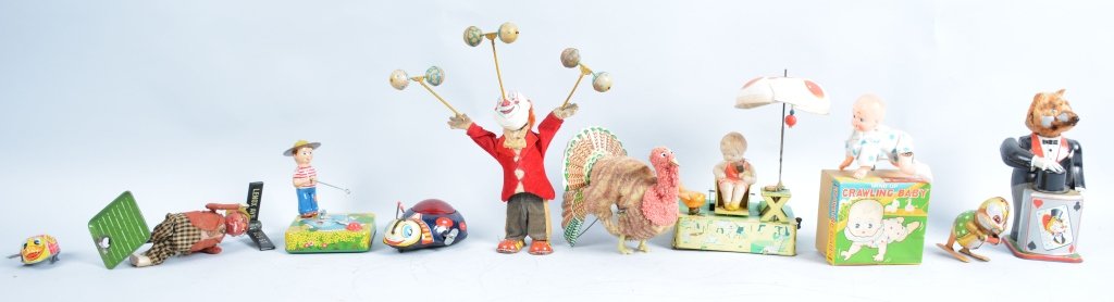 Lot of 10 JAPAN Windup TOYS: Includes Lenox St Jigger, Happy Life, Crawling baby with Box, Turkey, and others. Some missing parts. Good-Excellent