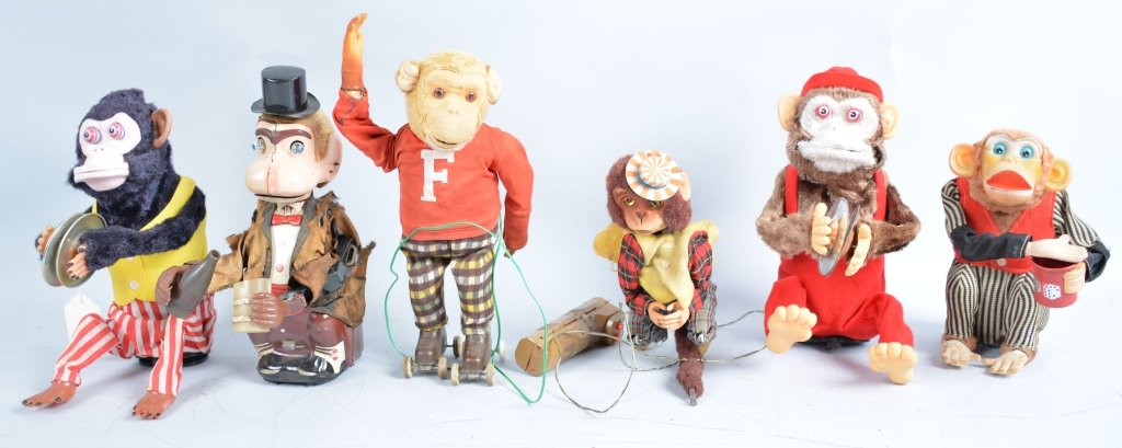 Lot of 6 Battery Op MONKEY TOYS: Includes Frankie Roller Skater, Craps Monkey, Drinking Monkey and others. Some missing parts. Good-Excellent