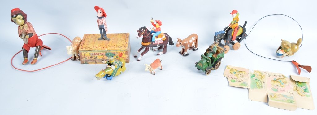Lot of VINTAGE TOYS: Includes Linemar Jumping Cat with Box, Cowboy on Horse, Cows, Moneys, and others. Good-Excellent