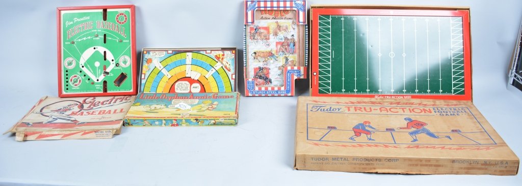 Lot of 4 VINTAGE GAMES: Includes Tudor Football, Little Orphan Annie Game, Baseball, and Wolverine Pin Ball Game with Box. Very Good-Excellent