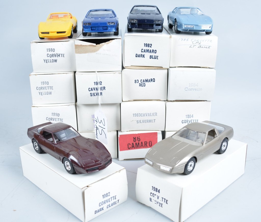 Lot of 18 CHEVY PROMO CARS w/Box: Includes 4- 1980 Corvettes, 1982 Camaro, 1987 Camaro Z28, 1982 Cavalier, 2-1984 Camaros, 1983 Cavalier, 1983 Camaro, 1982 Corvette, 3- 1984 Corvette, 1985 Z28, 1985 Corvette, and 1984 Corvette, all Bo