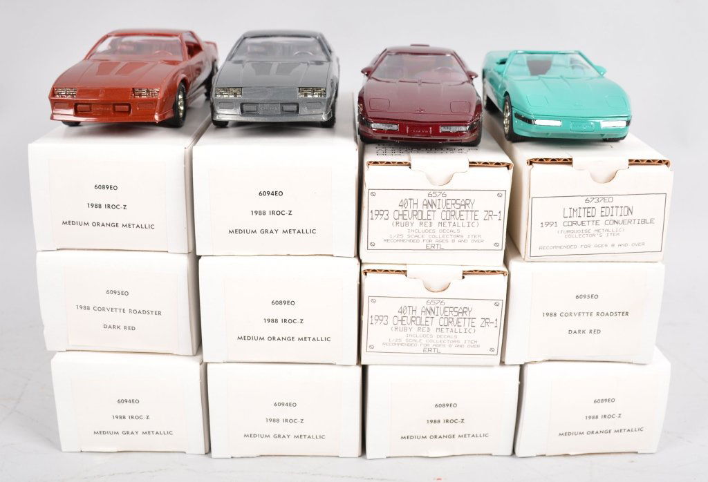 Lot of 12 Corvette and Camaro Promo Cars: Includes 7- 1988 Iroc-Z Camaros, 2- 1988 Corvette Roadsters, 2- 40th Anniversary 1993 Corvette ZR-1. All Boxed. Near Mint