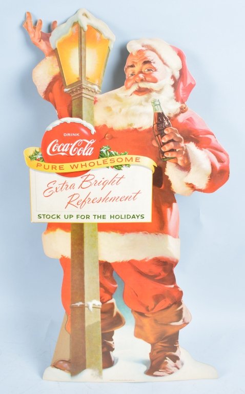 1955 Coca Cola Santa Claus Display: Beautiful 28" Tall Cardboard Coca Cola Full Body Santa Display. Dated 1955. Great colors. Some minor crease by light. Excellent