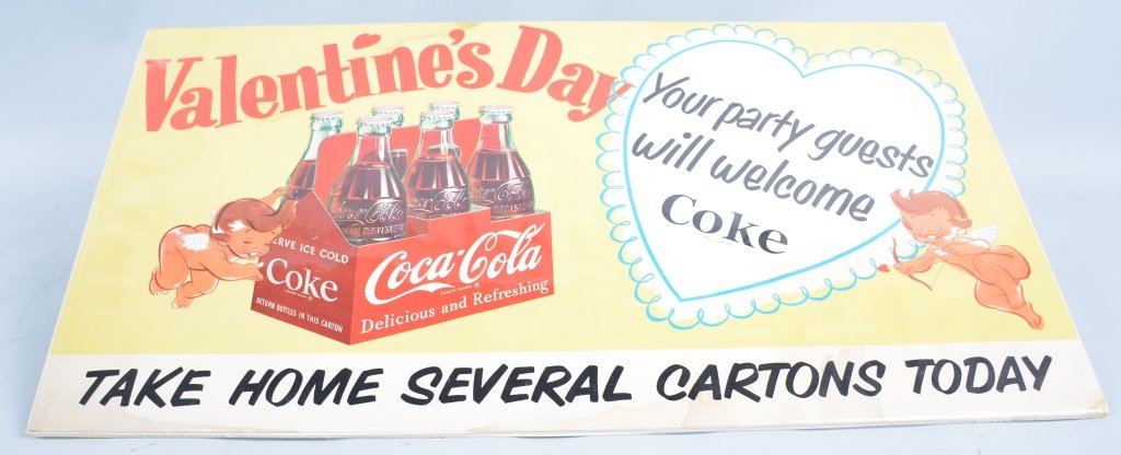1955 Coca Cola Valentines Day Sign: 26" by 14" Poster with great Cupid graphics. Slight stain at top. Very Good