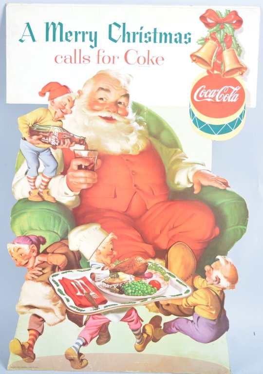 1960 Coca Cola Santa Claus Display: Beautiful 24"x16" cardboard display sign. Great colors and graphics. Slight creases at bottom. Very Good-Excellent