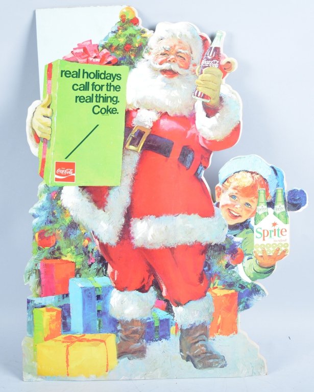 Lot of 2 1970 Coca Cola & Sprit Santa Claus Displa: Beautiful 26"x17" Cardboard displays. Great colors and graphics. Bends at boys hat. Excellent