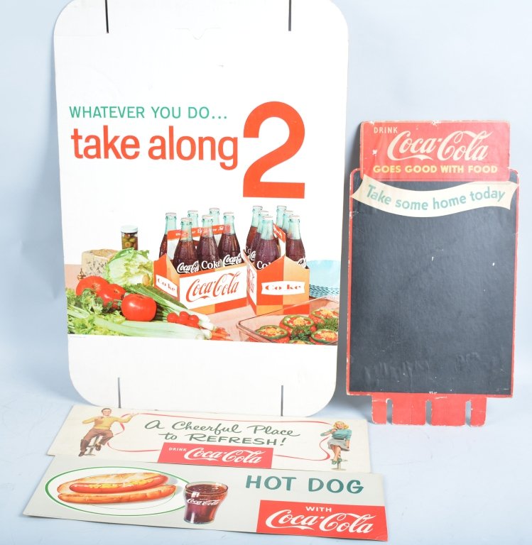 Lot of 8 1950s-60s Coca Cola Advertisments: Includes 2 Enjoy a Coke Float, A Cheerful place, Hot Dog, Take Enough Home, Take Some Home Today, Now 12 oz Cans, and Whatever you do take along. Excellent