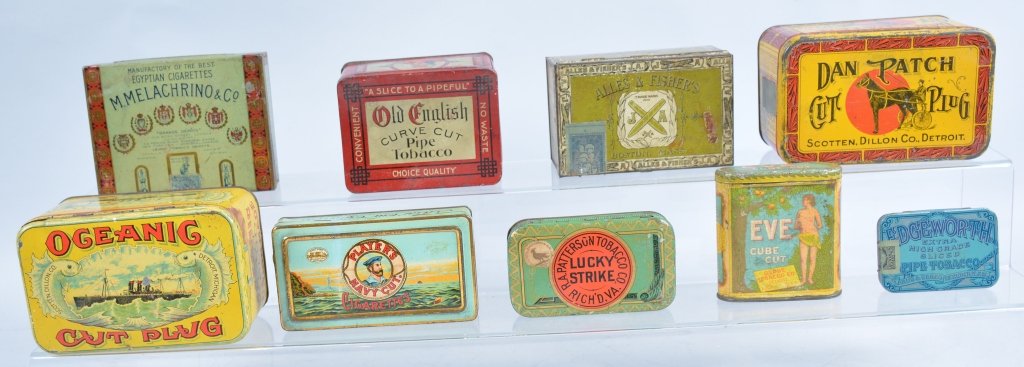 Lot of 9 Tobacco Tins: Includes Dan Patch, Players Navy Cut, Old English, Eve, Edgeworth, Melachrino, Lucky Strike, Alles & Fisher, and Oceanic. Great lookinbg tins. Very Good-Excellent