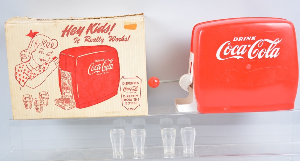 1950 Trim Toys Coca Cola Dispensor w/Box: Original working toy Coke dispensor. Complete with glasses and original box. Excellent