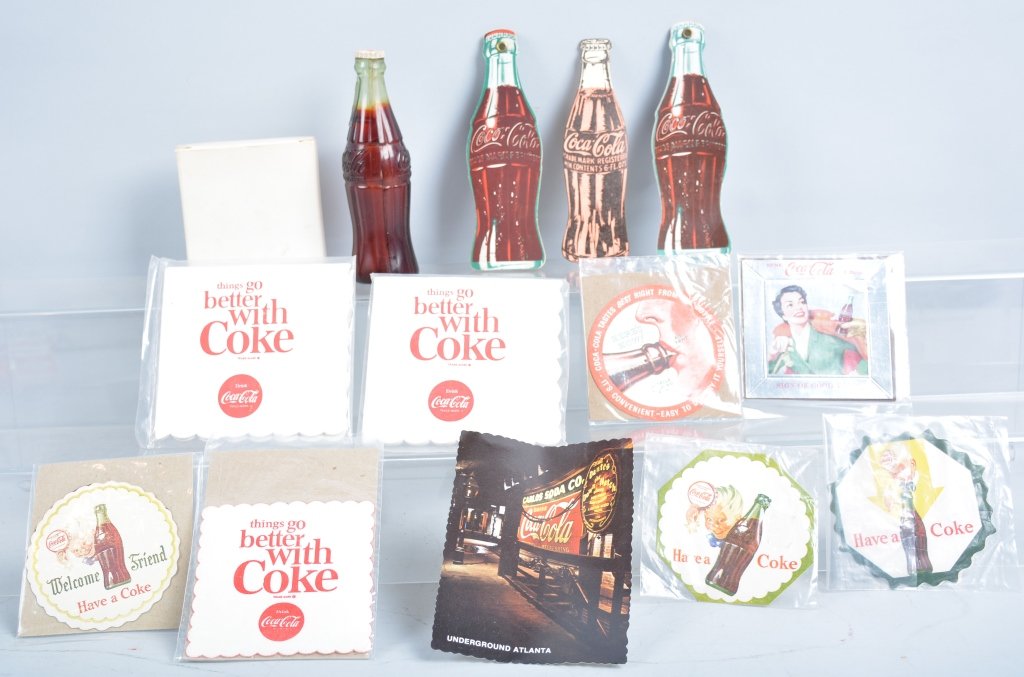 Coca Cola Lot: Includes Coke Bottle for door handle, Ice Pick with box, matches, coasters, napkins, and much more. Excellent