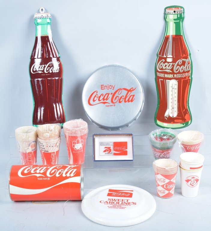 Coca Cola Lot: Includes Tin Thermometer, Tin Bottle Sign, Frisbees, Paper Cups, and More. Excellent
