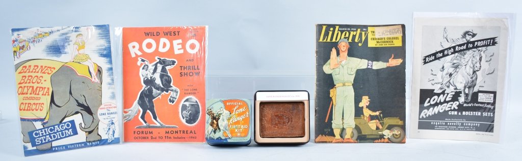 5-Vintage Loan Ranger Items: Tin first aid kit, Leather wallet, 2 wild west programs, advertising page and 1944 Liberty Magazine, Good-Very Good
