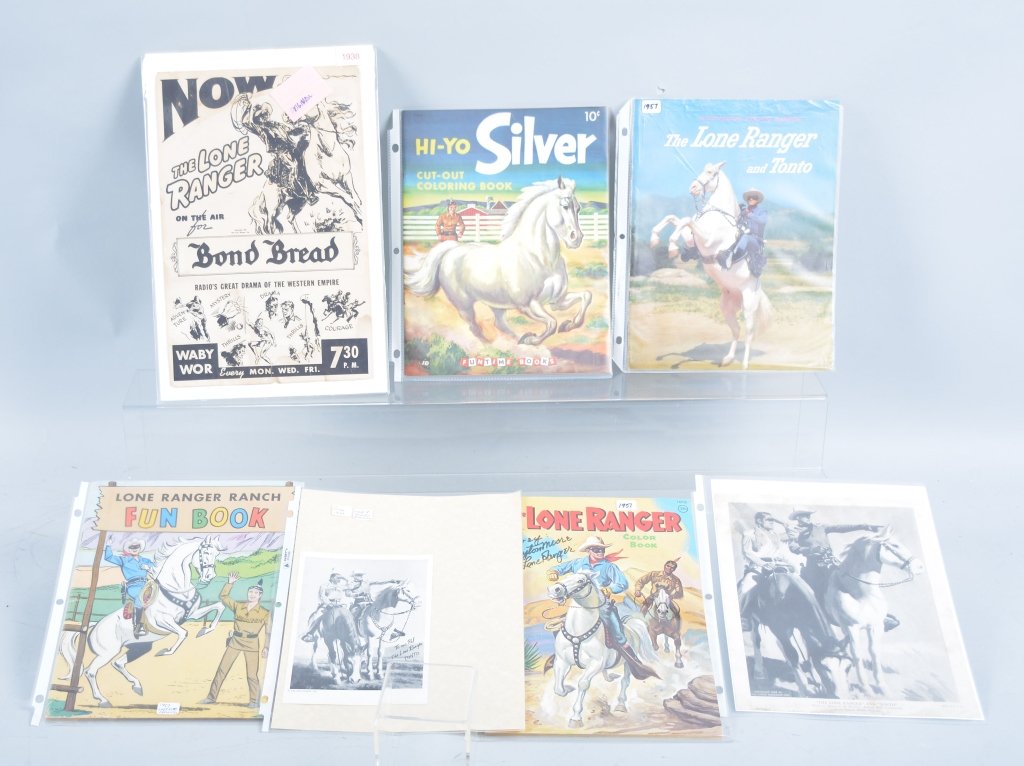 7-Vintage Lone Ranger Items: 1938-1957, 3-coloring books, 1-souvenir book, 2-prees Cards, and Bond Bread Advertisement,Very Good