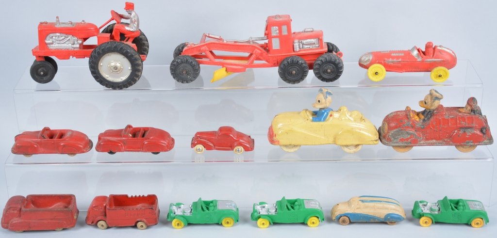 Lot of 14 Rubber Toy VEHICLES: Includes Sun Rubber Donald Duck Cars, Auburn Tractor and Grader, Racers, Bus, and More. Very Good-Excellent