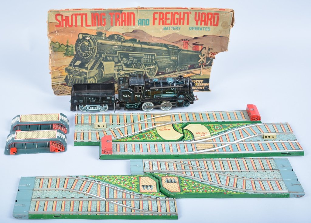 Japan Battery Op TRAIN and FREIGHT YARD w/Box: Complete very detailed toy. Great colors. With partial box. Excellent