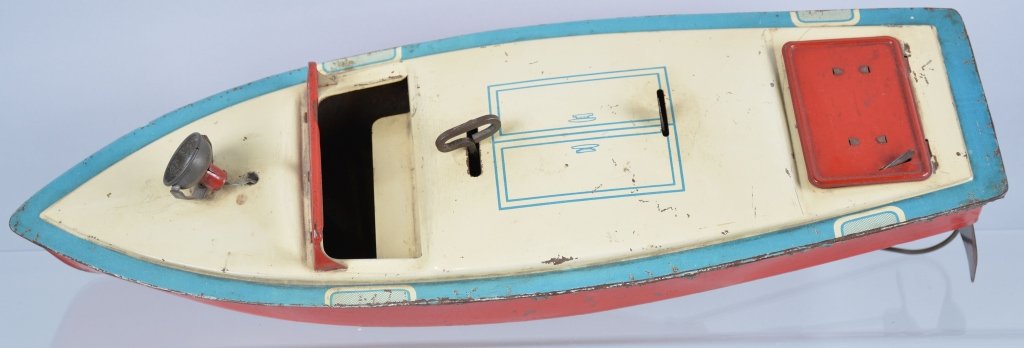 American Tin Windup SPEED BOAT: All original with great colors. Battery Operated front light. 18" Long. Very Good