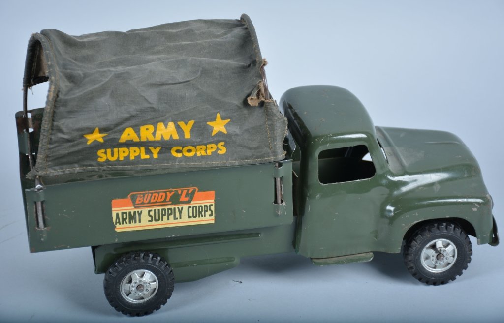 Buddy L Pressed Steel ARMY SUPPLY TRUCK: All original including canvas top. 15" Long. Very Good